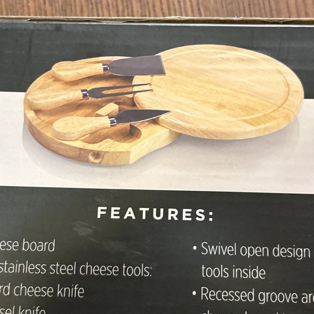 Toscana Wood Cheese Board Round Acacia Brie Tools Knife Set‎ Charcuterie 7 Inch